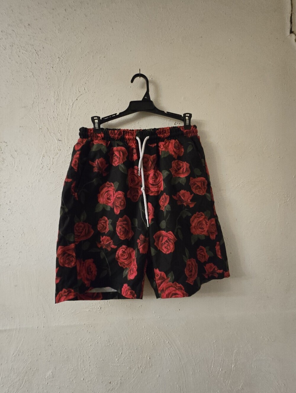 Men's Black Board Shorts with Red Rose Print